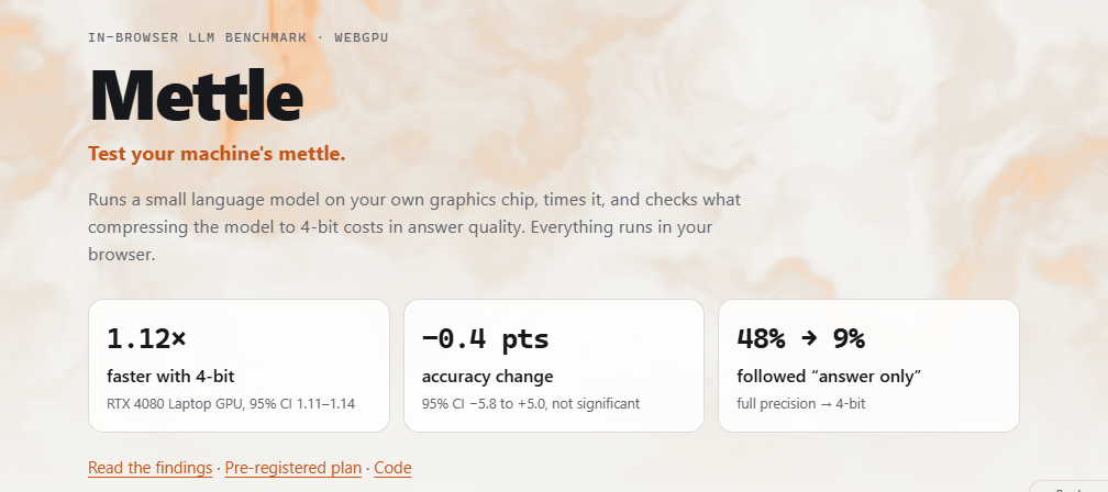 Mettle’s actual browser benchmark showing its compression study’s speed, accuracy, and instruction-following results